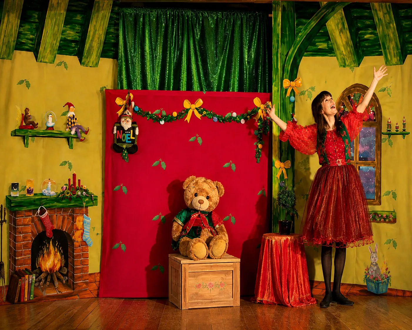 La comédienne avec Grosnounours, spectacle Les Jouets de Noël
