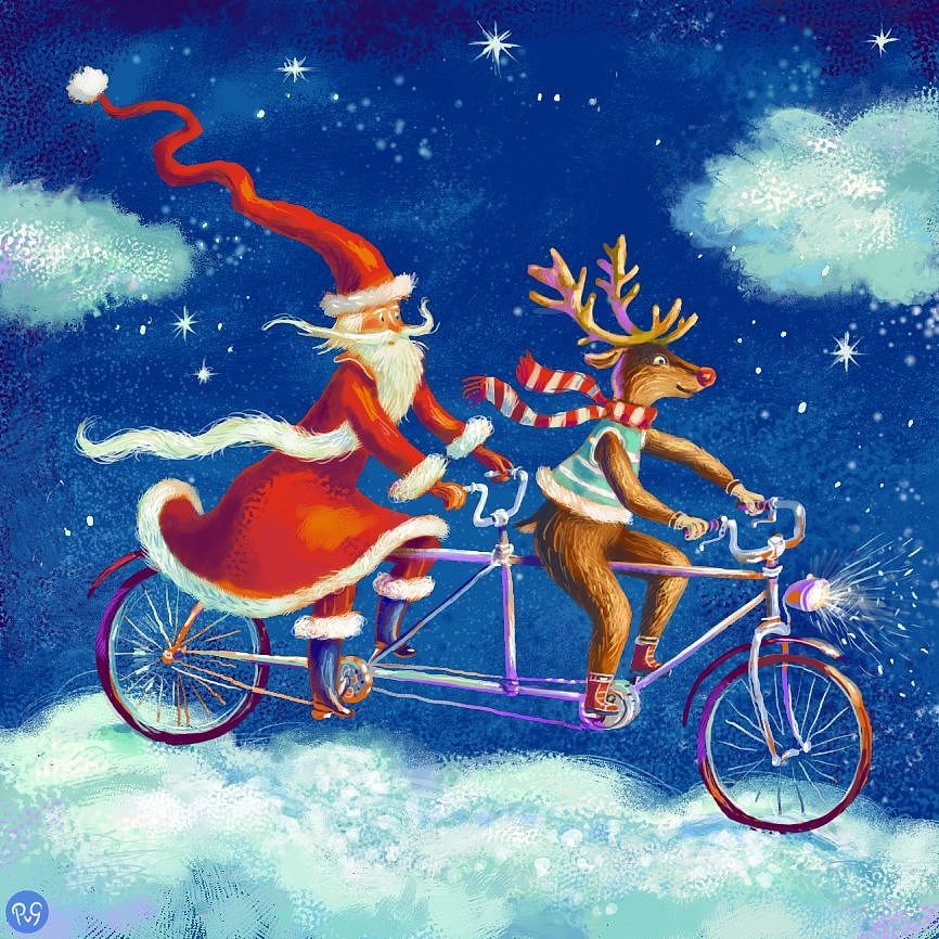 Le Père Noël et le renne sur leur tandem